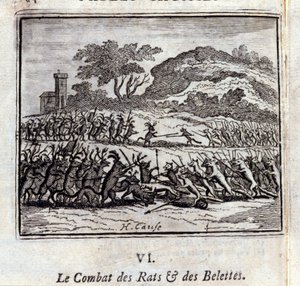 Die Schlacht der Ratten und Wiesel. Fabeln von Jean de La Fontaine. Illustration von François Chauveau. Ausgabe von 1728. von Francois Chauveau