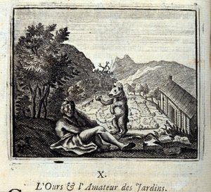 Der Bär und der Gartenliebhaber. Fabeln von Jean de La Fontaine. Illustration von François Chauveau. Ausgabe von 1728. von Francois Chauveau