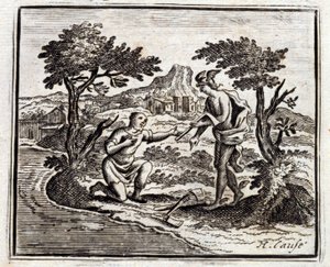 Der Holzfäller und Merkur. Fabeln von Jean de La Fontaine. Illustration von François Chauveau. Ausgabe von 1728. von Francois Chauveau