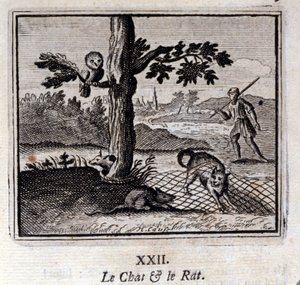 Die Katze und die Ratte. Fabeln von Jean de La Fontaine. Illustration von François Chauveau. Ausgabe von 1728. von Francois Chauveau