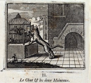 Die Katze und die zwei Spatzen. Fabeln von Jean de La Fontaine. Illustration von François Chauveau. Ausgabe von 1728. von Francois Chauveau