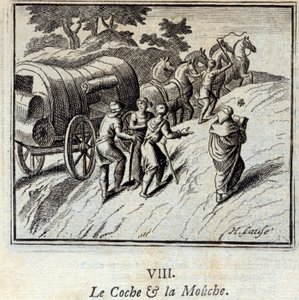 Der Karren und die Fliege. Fabeln von Jean de La Fontaine. Illustration von François Chauveau. Ausgabe von 1728 von Francois Chauveau