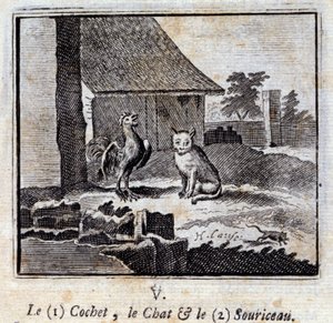 Der Hahn, die Katze und die Maus. Fabeln von Jean de La Fontaine (1621-95). Illustration von François Chauveau (1613-1676). Ausgabe von 1728 von Francois Chauveau