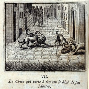 Der Hund, der das Geld seines Herrn am Hals trägt. Fabeln von Jean de La Fontaine. Illustration von François Chauveau. Ausgabe von 1728. von Francois Chauveau