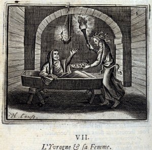Der Betrunkene und seine Frau. Fabeln von Jean de La Fontaine (1621-95). Illustration von François Chauveau (1613-1676). Ausgabe von 1728.