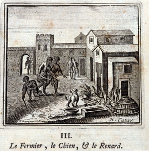 Der Bauer, der Hund und der Fuchs. Fabeln von Jean de La Fontaine. Illustration von François Chauveau. Ausgabe von 1728. von Francois Chauveau