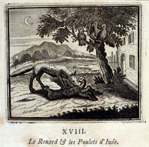 Der Fuchs und die Hühner von Indien. Fabeln von Jean de La Fontaine. Illustration von François Chauveau. Ausgabe von 1728. von Francois Chauveau