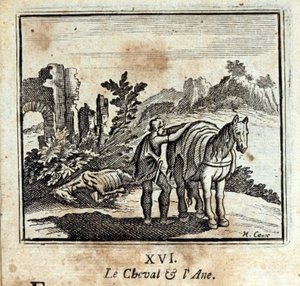 Das Pferd und der Esel. Fabeln von Jean de La Fontaine (1621-95). Illustration von François Chauveau (1613-1676). Ausgabe von 1728.