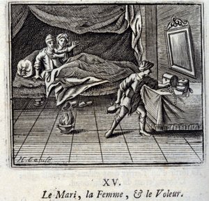 Der Ehemann, die Frau und der Dieb. Fabeln von Jean de La Fontaine. Illustration von François Chauveau. Ausgabe von 1728. von Francois Chauveau