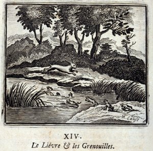 Der Hase und die Frösche. Fabeln von Jean de La Fontaine (1621-95). Illustration von François Chauveau (1613-1676). Ausgabe von 1728. von Francois Chauveau