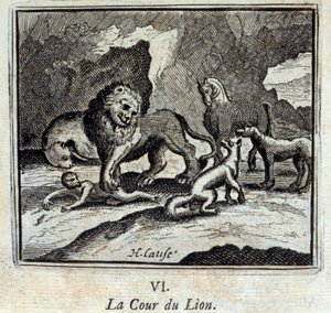 Der Löwenhof. Fabeln von Jean de La Fontaine (1621-95). Illustration von François Chauveau (1613-1676). Ausgabe von 1728 von Francois Chauveau