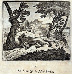 Der Löwe und der Fliegenfänger. Fabeln von Jean de La Fontaine. Illustration von François Chauveau. Ausgabe von 1728. von Francois Chauveau