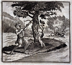 Der Löwe und die Ratte. Fabeln von Jean de La Fontaine. Illustration von François Chauveau. Ausgabe von 1728. von Francois Chauveau