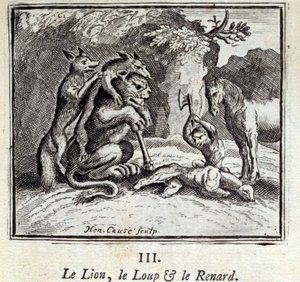 Der Löwe, der Wolf und der Fuchs. Fabeln von Jean de La Fontaine. Illustration von François Chauveau. Ausgabe von 1728. von Francois Chauveau