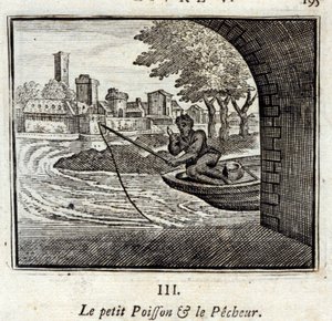 Der kleine Fisch und der Fischer. Fabeln von Jean de La Fontaine (1621-95). Illustration von François Chauveau (1613-1676). Ausgabe von 1728 von Francois Chauveau