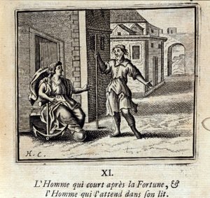 Der Mann, der dem Glück nachjagt, und der Mann, der im Bett auf ihn wartet. Fabeln von Jean de La Fontaine (1621-95). Illustration von François Chauveau (1613-1676). Ausgabe von 1728