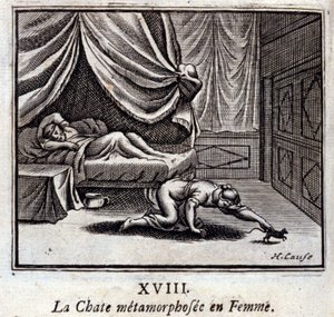 Die Katze, die in eine Frau verwandelt wurde. Fabeln von Jean de La Fontaine. Illustration von François Chauveau. Ausgabe von 1728.