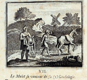 Der Meeräsche prahlt mit seiner Genealogie. Fabeln von Jean de La Fontaine (1621-95). Illustration von François Chauveau (1613-1676). Ausgabe von 1728 von Francois Chauveau