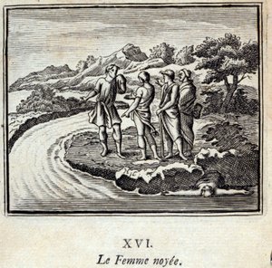 Die ertrunkene Frau. Fabeln von Jean de La Fontaine. Illustration von François Chauveau. Ausgabe von 1728. von Francois Chauveau
