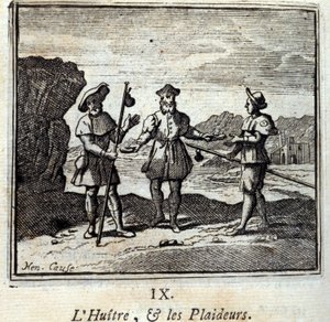 Die Auster und die Streitenden. Fabeln von Jean de La Fontaine. Illustration von François Chauveau. Ausgabe von 1728. von Francois Chauveau