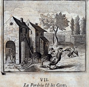 Das Rebhuhn und die Hähne. Fabeln von Jean de La Fontaine. Illustration von François Chauveau. Ausgabe von 1728. von Francois Chauveau