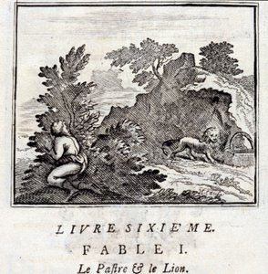 Der Patra und der Löwe. Fabeln von Jean de La Fontaine. Illustration von François Chauveau. Ausgabe von 1728. von Francois Chauveau