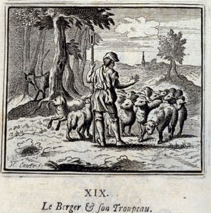 Der Hirte und seine Herde. Fabeln von Jean de La Fontaine. Illustration von François Chauveau. Ausgabe von 1728. von Francois Chauveau