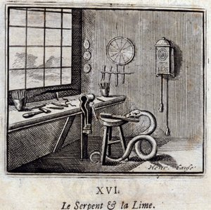 Die Schlange und die Linde. Fabeln von Jean de La Fontaine (1621-95). Illustration von François Chauveau (1613-1676). Ausgabe von 1728.