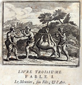 Der Sauger, sein Sohn und der Esel. Fabeln von Jean de La Fontaine. Illustration von François Chauveau. Ausgabe von 1728.