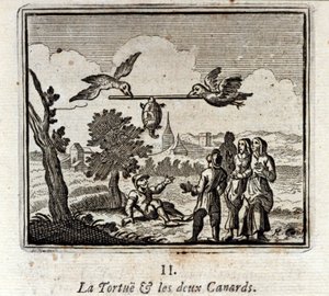 Die Schildkröte und die zwei Enten. Fabeln von Jean de La Fontaine. Illustration von François Chauveau. Ausgabe von 1728. von Francois Chauveau