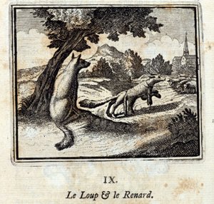 Der Wolf und der Fuchs. Fabeln von Jean de La Fontaine. Illustration von François Chauveau. Ausgabe von 1728. von Francois Chauveau