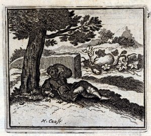 Die Eichel und der Kürbis. Fabeln von Jean de La Fontaine. Illustration von François Chauveau. Ausgabe von 1728. von Francois Chauveau