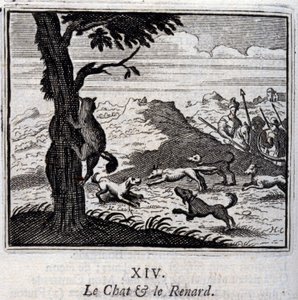Die Katze und der Fuchs. Fabeln von Jean de La Fontaine. Illustration von François Chauveau. Ausgabe von 1728. von Francois Chauveau