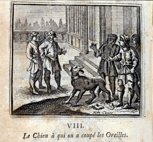 Der Hund, dem man die Ohren abgeschnitten hat. Fabeln von Jean de La Fontaine. Illustration von François Chauveau. Ausgabe von 1728.