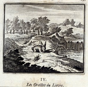 Die Ohren des Hasen. Fabeln von Jean de La Fontaine. Illustration von François Chauveau. Ausgabe von 1728. von Francois Chauveau