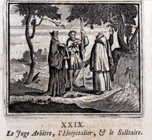Der Richter schiedsrichtet den Hospitaliter und den Einsiedler. Fabeln von Jean de La Fontaine. Illustration von François Chauveau. Ausgabe von 1728 von Francois Chauveau