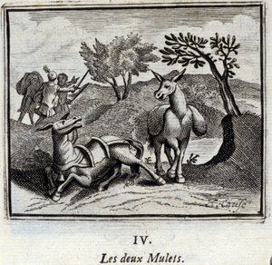 Die zwei Maultiere. Fabeln von Jean de La Fontaine (1621-95). Illustration von François Chauveau (1613-1676). Ausgabe von 1728 von Francois Chauveau