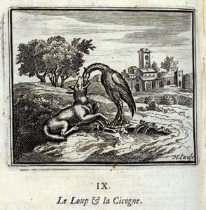 Der Wolf und der Storch. Fabeln von Jean de La Fontaine (1621-95). Illustration von François Chauveau (1613-1676). Ausgabe von 1728 von Francois Chauveau