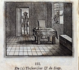 Der Schatzmeister und der Affe. Fabeln von Jean de La Fontaine. Illustration von François Chauveau. Ausgabe von 1728.