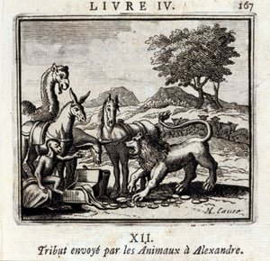 Tribut der Tiere an Alexander. Fabeln von Jean de La Fontaine. Illustration von François Chauveau. Ausgabe von 1728. von Francois Chauveau