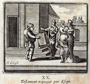 Testament erklärt von Äsop. Fabeln von Jean de La Fontaine (1621-95). Illustration von François Chauveau (1613-1676). Ausgabe von 1728.