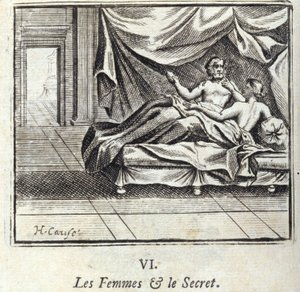 Frauen und Geheimnisse. Fabeln von Jean de La Fontaine. Illustration von François Chauveau. Ausgabe von 1728.