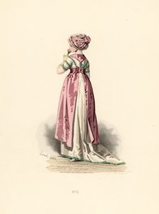 Frau im weißen Kleid und Korsage mit grünem Besatz, rosa Schürze