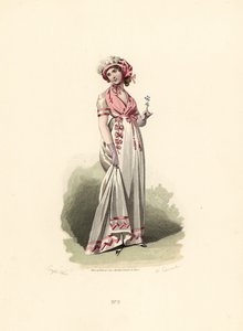 Frau im weißen Kleid, rosa Fichu und Korsage