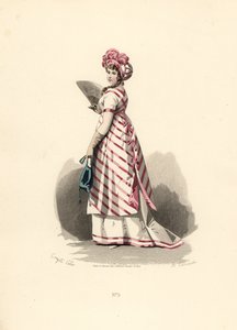 Frau in weißem Kleid mit rosa Besatz, gestreifte Schürze