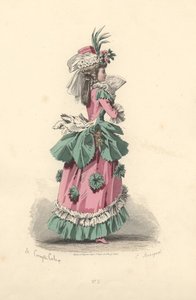Modische Frau im Kleid mit Rosetten, Ära von Marie Antoinette.
