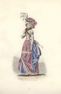 Frau in dreifarbiger Kleidung, Ära von Marie Antoinette.
