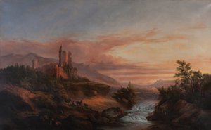 Ruinen einer Burg in einem Tal in den Alpen (Beauvoir-en-Royans) um 1830 von Francois Edme Ricois