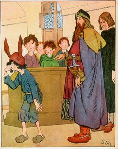 König Karl der Große (742-814) gründete 789 Schulen für Laienkinder und traf sich mit Schulkindern (König Karl der Große besucht Gelehrte und fördert Bildung und Schulen für Laienkinder) - Illustration von François Zier (1856-1924) aus „Nos-Gloires-Nationa