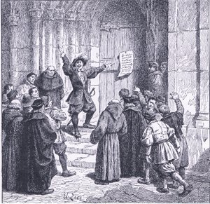 Robert Aske befestigt seine Proklamation an der Tür der York Minster, aus Cassells Geschichte des britischen Volkes, veröffentlicht von der Waverley Book Company, ca. 1950er Jahre von Francois Edouard Zier